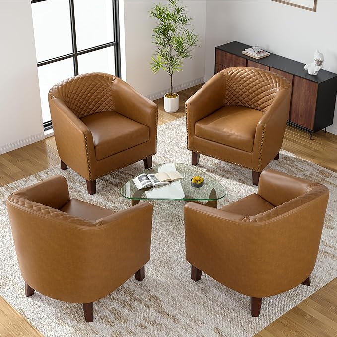 UIXE Faux Leather Barrel Accent Chairs Set of 4, Upholstered Armchair Club Chair for Living Room, Comfy Round Single Sofa Bedroom Side Reading Seat - Coffee Brown