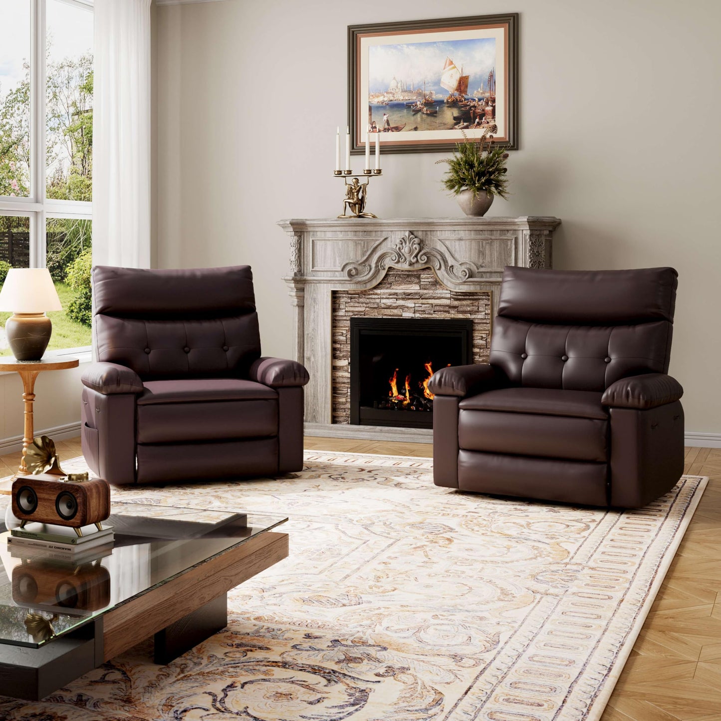 GarveeHome Oversized Recliner Chairs, Classic Manual Leather Recliner, Home Theater Seating with Lumbar & Arms Support for Living Room, Bedroom and Nursery - Brown