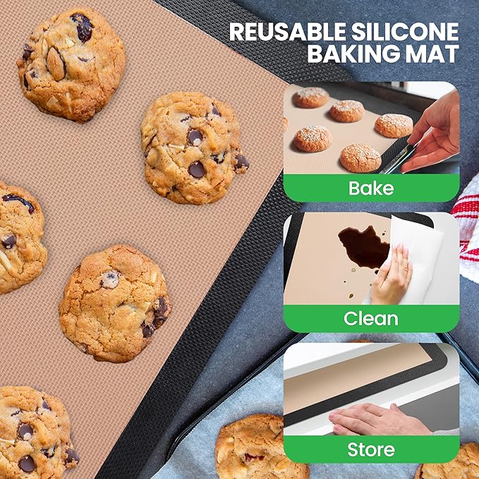 Nutrichef Silicone Baking Mats | 2 Non-stick Food-Grade Silicone Mats | Perfect for Full Baking Pans 24.4 x 16.5 IN | Oven-safe Up to 480 Degrees F | Suitable for Ovens, Freezers & Dishwashers | Black
