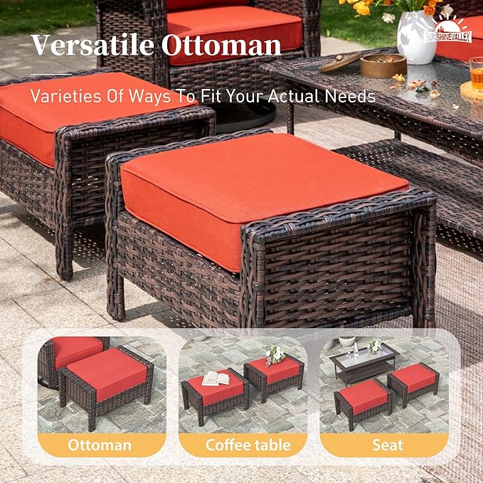SUNSHINE VALLEY Patio Furniture Set with Swivel Chairs, High Back Wicker Rattan Furniture with 5.5" Thick Cushion and 2 Ottoman, Outdoor Conversation Set for Backyard Deck, Red