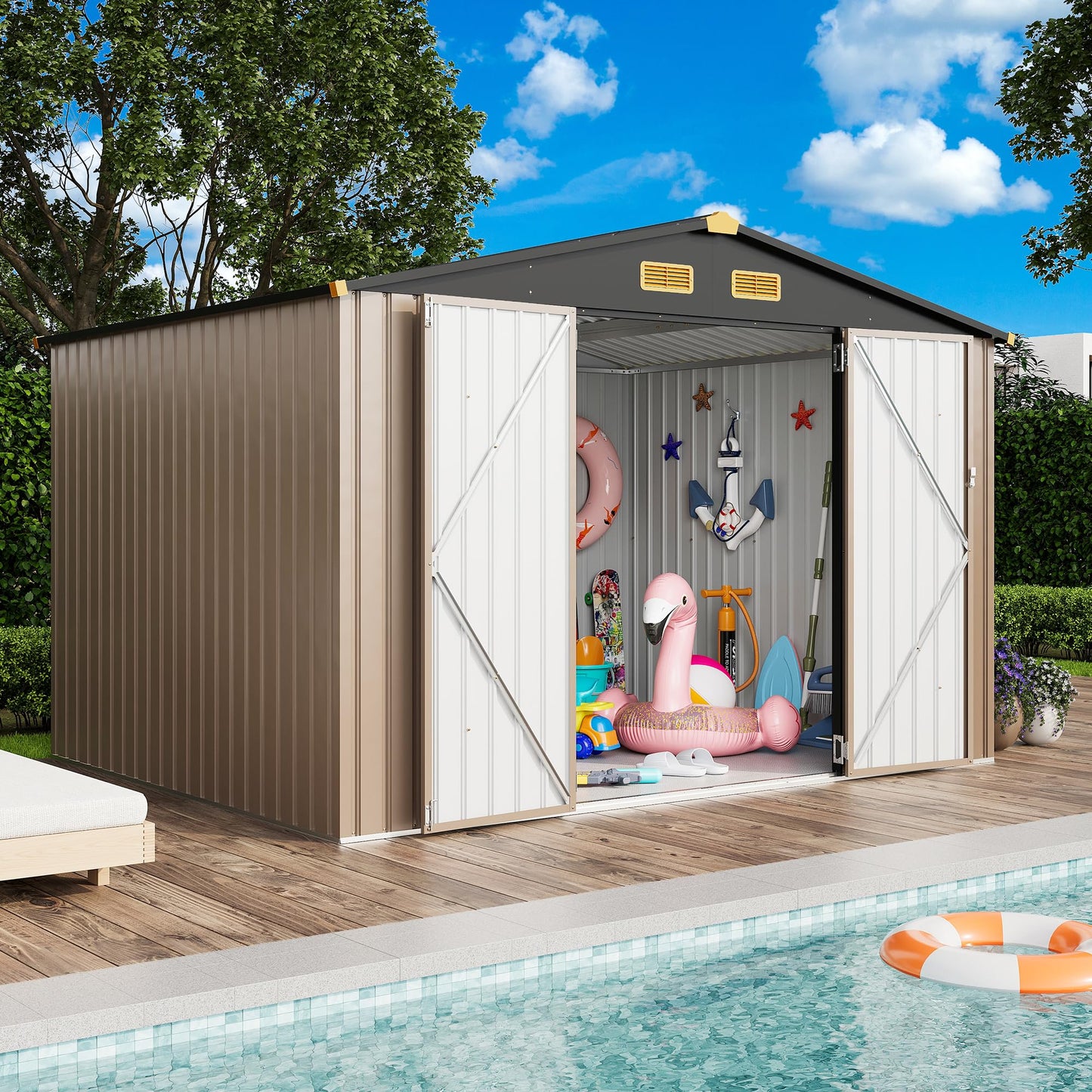 IRONCK 10x8FT Outdoor Storage Shed with Breathable Vent, 9.4x7.3FT Base Galvanized Steel Metal Tool Shed with Lockable Doors for Yard Bins/Generator/Wheelbarrow Garden Storage, Brown