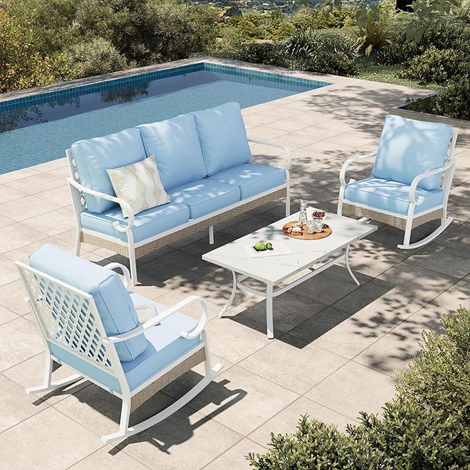 HERA'S HOUSE Patio Furniture Set with Metal & Rattan Design 4-Piece, 2 x Rocking Chairs, 1 x 3-Seat Sofa & Marble Coffee Table, All-Weather Outdoor Conversation Set for Garden Backyard Lawn, Blue