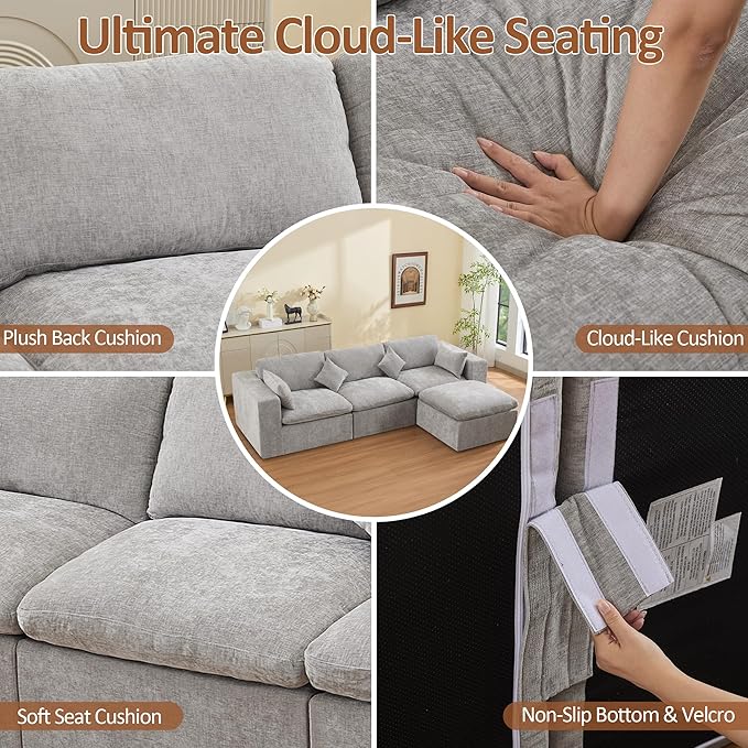 115''Cloud Boneless Sectional Couch, Modular Sectional Sofa Deep Seat with Ottoman, Oversized Upholstered Convertible Comfy 4 Seater Chenille Sofa L Shape Couches for Living Room, Light Grey