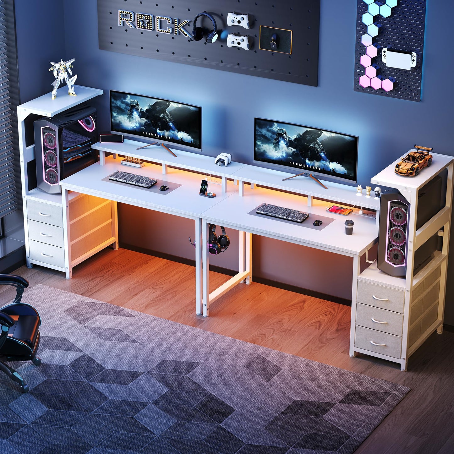 HAPPYMONT Gaming Desk with Shelves Storage Drawers, Computer Desk with LED Lights Power Outlets, Office Table with Shelf Cable Management for Bedroom Dual Monitor Streaming, White