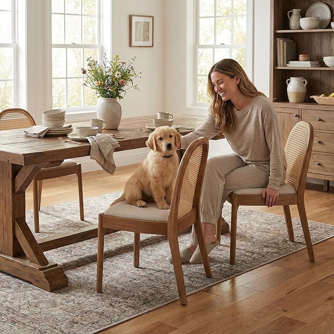 DUOMAY Mid-Century Modern Rattan Dining Chairs Set of 8, Wooden Dining Room Chair with Cane Backrest and Padded Seat, Linen Upholstered Dining Chair, Natural Finish, Beige