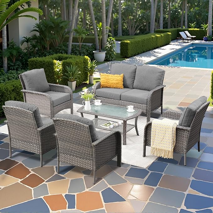 CAODOC 6-Piece Wicker Patio Furniture Set, All-Weather Rattan Conversation Bistro Loveseat Chair and Table Set for Backyard, Balcony and Deck with Soft Cushions and Metal Table(Dark Gray)