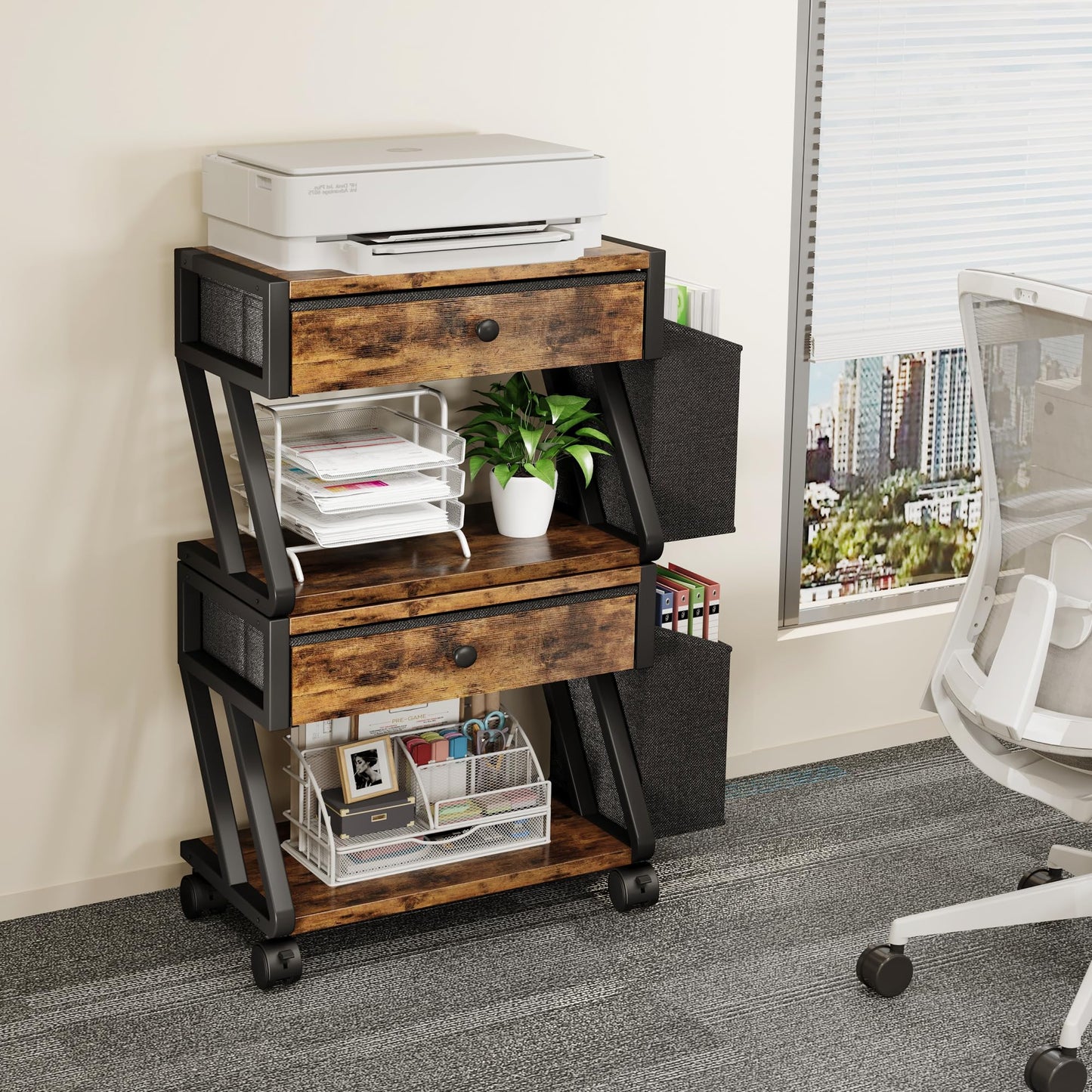 Homeiju Under Desk Printer Stand, 2-Tier Industrial Mobile Printer Table with Storage Bag and Drawer, Rolling Printer Cart Holder with Lockable Wheels for Home, Office