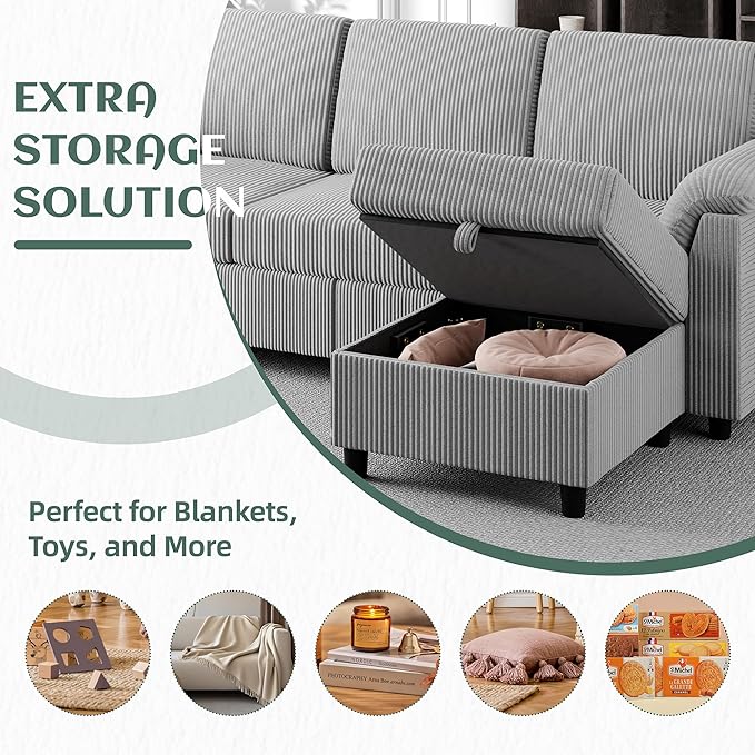 Vongrasig 79" Convertible Sectional Couch Sofa with Storage Ottoman, 3 Seat L Shaped Couch with Side Storage Pockage, Small Couches for Living Room, Apartment and Small Space (Light Grey)
