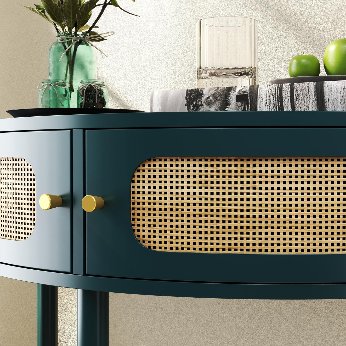 Half Moon Wood Console Table for Narrow Entryway, Boho Rattan Side Coffee Table with Storage, Accent Table for Small Spaces, Decorative Furniture for Living Room Hallway Foyer Entrance (Green)