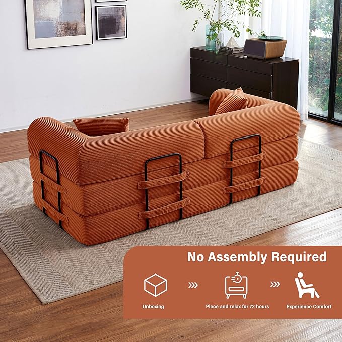 79" 5-in-1 Folding Convertible Sofa Bed, Oversized Corduroy Futon Floor Couch with Pull-Out Sleeper, Modular Boneless Loveseat for Small Spaces, Living Room, Bedroom (Orange)