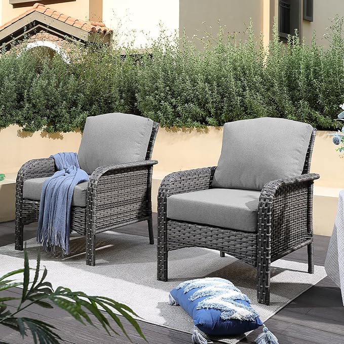 CAODOC 2 Pack Wicker Patio Furniture Chairs,Outdoor Rattan Chairs with Armrest Support 250 lb,Dark Gray