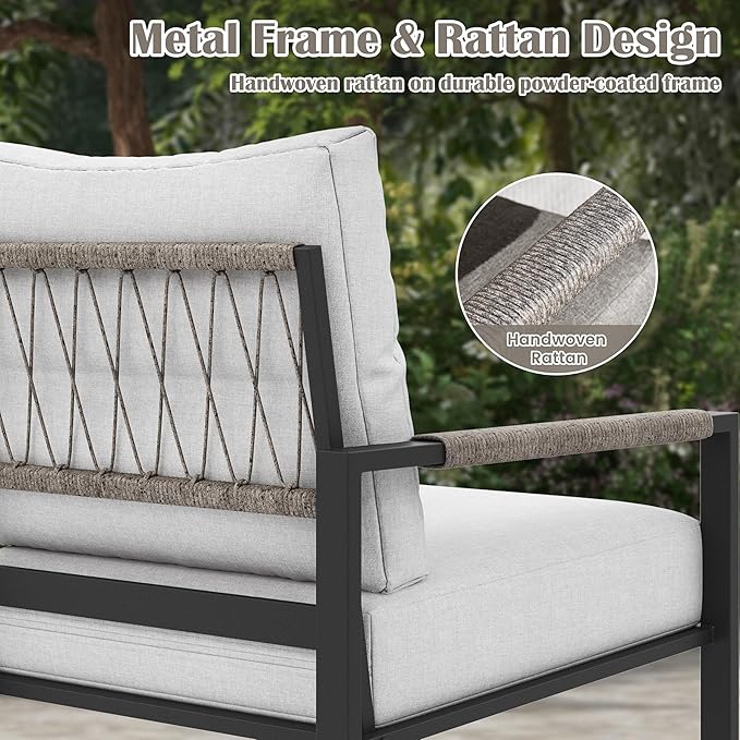 PATIOCHIC 3 Pieces Rattan Outdoor Furniture Set, All-Weather Patio Conversation Set with Warm Grey Cushions and Coffee Table for Garden, Backyard, Balcony, Poolside