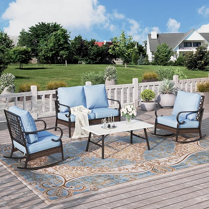 HERA'S HOUSE 4 Piece Metal Patio Furniture Set, 2 x Rocking Cushioned Chair, 2-Seat Lover Sofa with Coffee Table, All Weather Outdoor Conversation Set for Lawn Garden Backyard Deck, Blue