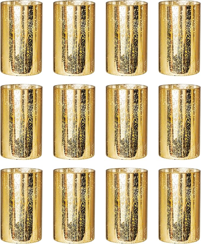 Willceka Gold Cylinder Vases for Centerpieces, Modern Glass Vase Set of 12 Decorative Hurricane Candle Holder for Pillar C...