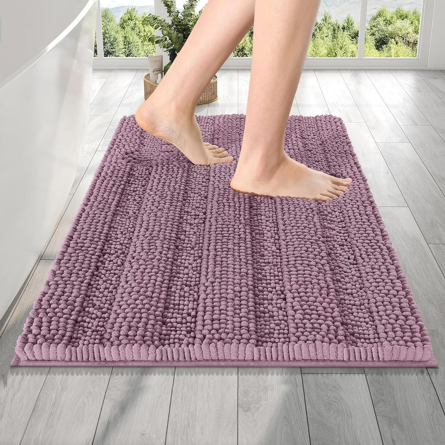 OLANLY Thick Bathroom Rugs 24x16, Extra Soft Absorbent Chenille Striped Bath Rugs, Rubber Backing, Machine Wash Dry, Bath Mats for Bathroom Floor, Tub and Shower, Home Decor Accessories, Deep Plum