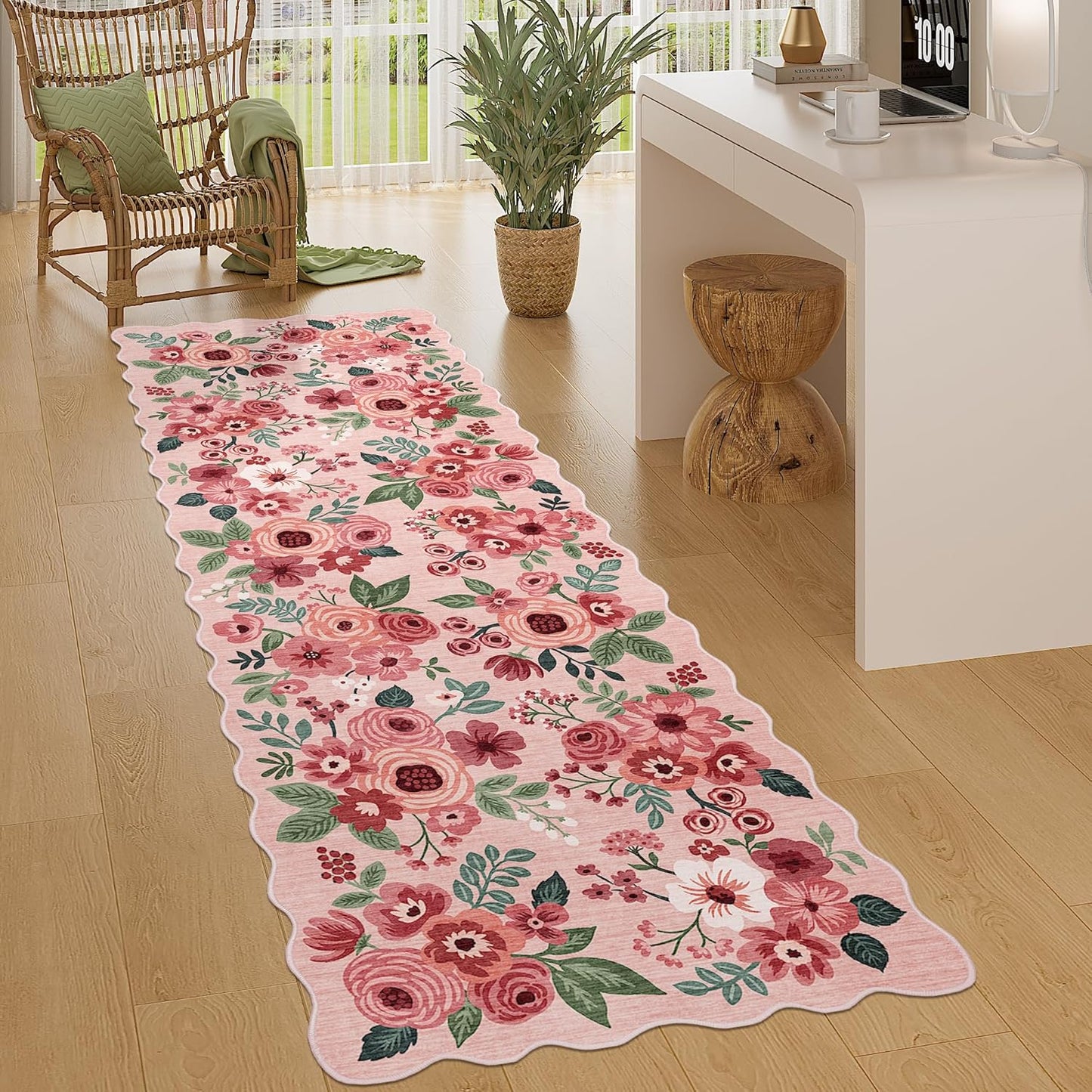 DUKINO 2x6 Runner Rug for Hallway, Washable Kitchen Rug with Non Slip Backing & Non-Shediing, Soft Low Pile Floral Design Runner for Bedroom, Kithchen, Living Room, Laundry, Bathroom, Pink