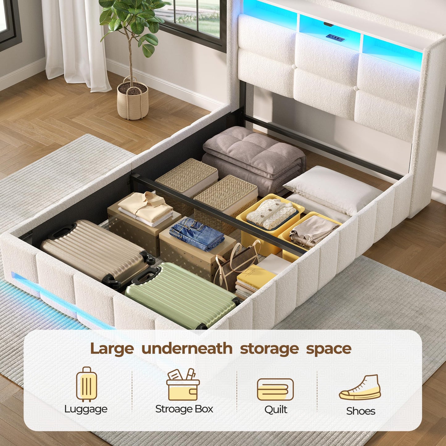 Rolanstar Bed Frame Twin Size with Lift Up Storage, Charging Station & LED Lights, Upholstered Storage Headboard, Heavy Duty Wooden Slats, No Box Spring Needed, Noise Free, Easy Assembly, Beige