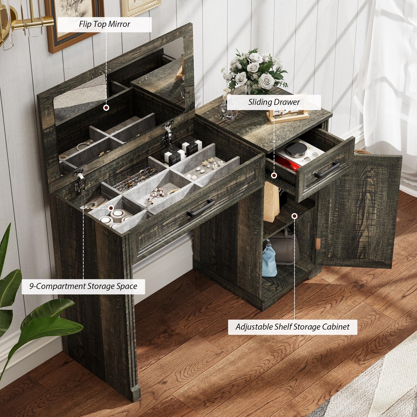 FOMNEY Farmhouse Vanity Desk with Flip Top Mirror, 43.3" W Makeup Vanity with Drawers, Storage Cabinet, Dressing Make Up Vanity Table for Bedroom, Wood Home Office Desk, Light Grey