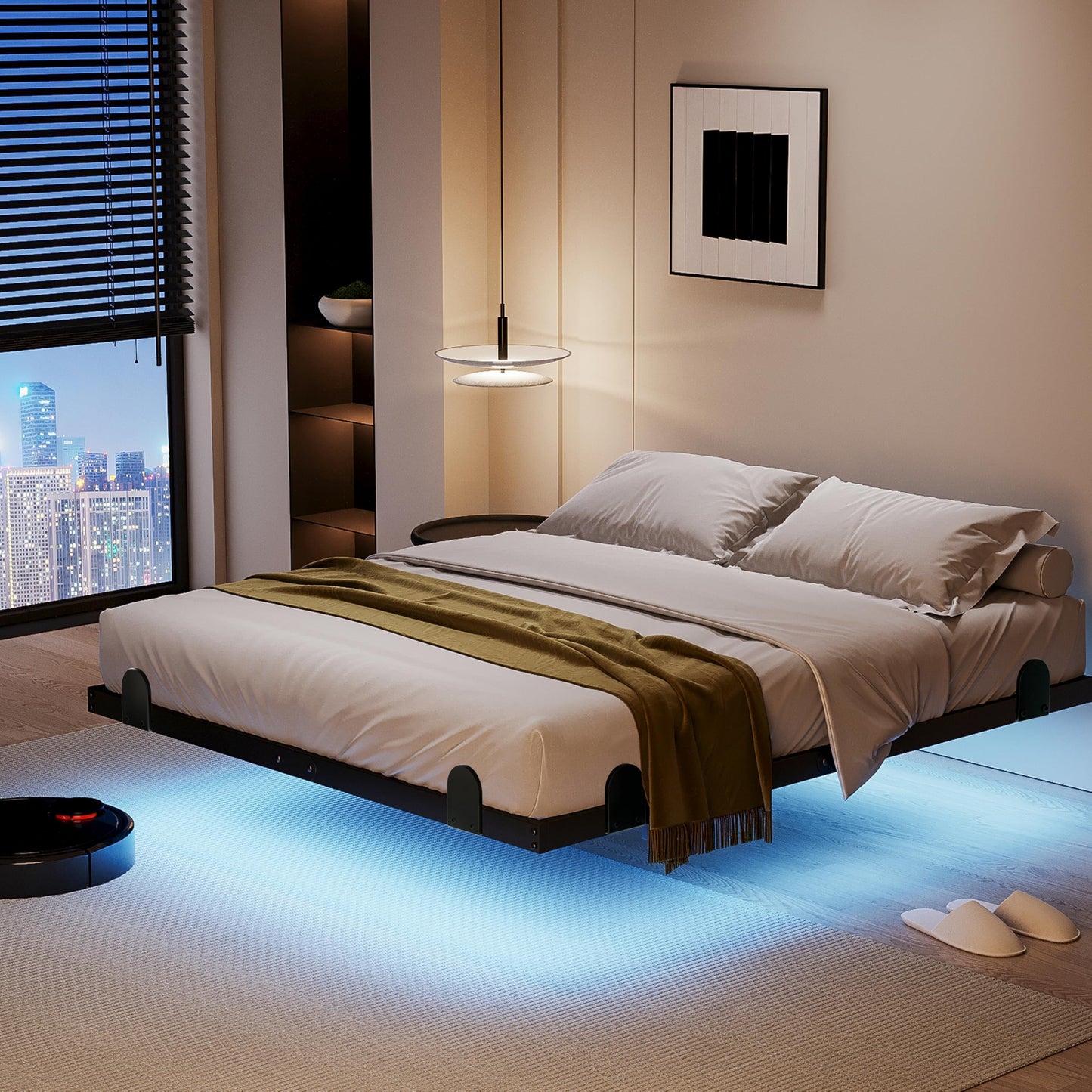 qimamo 14 Inch Floating Queen Bed Frame with Smart LED Lights and Charging Station, Modern Metal Queen Bed Frame, Easy to Assemble, No Box Spring Needed (Queen)