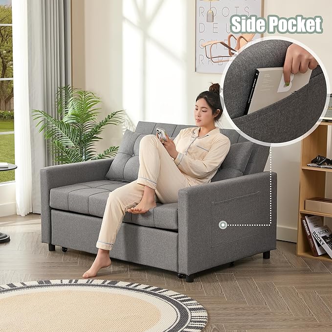 GOSUHI 52" Sleeper Sofa with Pull-Out Bed, 3-in-1 Convertible Sofa Bed, Loveseat with Stepless Adjustable Backrest and Side Pocket, for Living Room Dorm Apartment, Linen, Light Gray