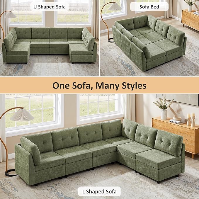 VANOMi 6 Seater Cloud Couches for Living Room, 118" Convertible Modular Cloud Sofas & Couches, Comfy Chenille Sectional Couch Sofa for Apartment, Office, Olive Green, L/U Shaped