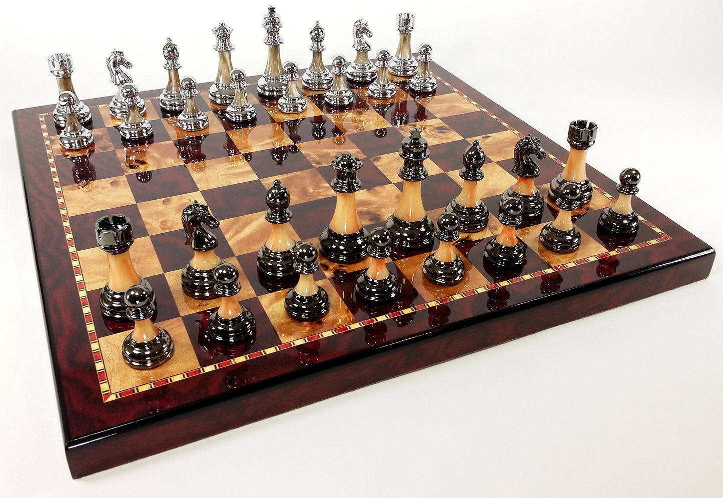 Staunton Chrome & Black Chrome Chess Men Set W 18" Gloss Cherry Color Board