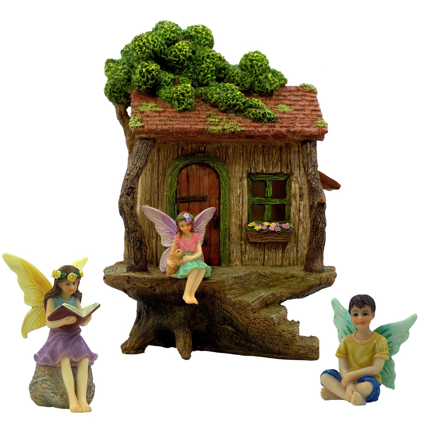 PRETMANNS Fairy Garden House Kit – Complete with Accessories, House 9” High with Door That Opens & Fairies for Outdoor Gardens – 4 Pieces