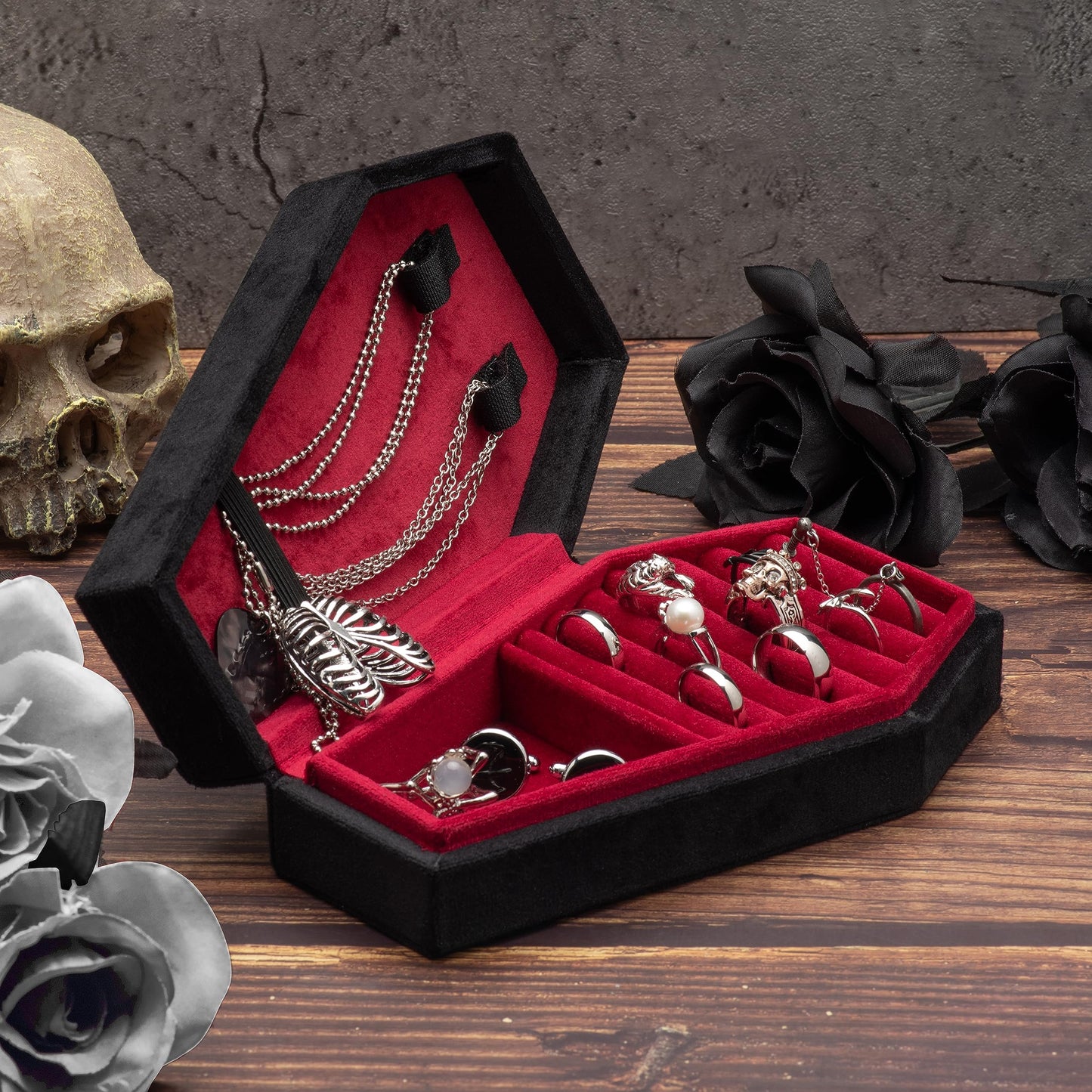 Giftop Velvet Coffin Jewelry Travel Case Holder for Gothic Wedding Ceremony,Gothic Jewelry Organizer Decoration (Black and Red)