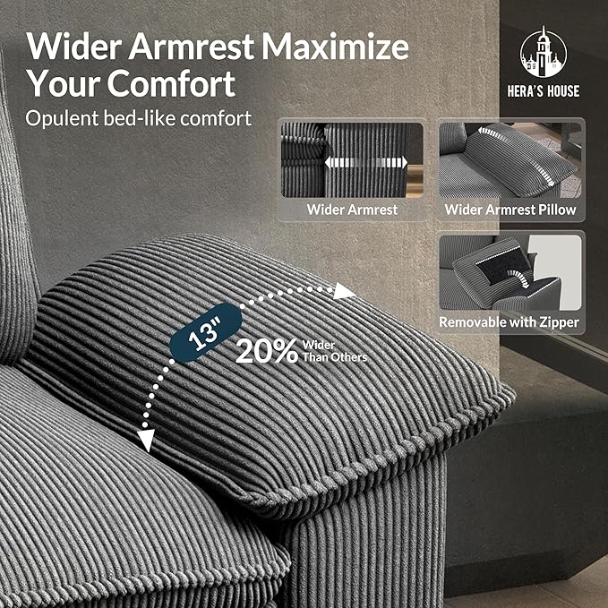 HERA'S HOUSE 54" Modular Sectional Sofa Couches for Living Room, Comfy Cloud Couch 1-Seater Deep Seat Sofa with Throw Pillow, Corduroy Grey