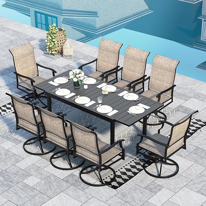 Sophia & William 9 Piece Outdoor Patio Dining Set, Patio Furniture Set with 8 Swivel High Back Patio Dining Chairs and Expandable Metal Table, Textilene Fabric for Backyard, Poolside, Balcony