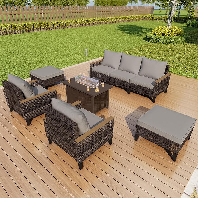 8 Pieces Patio Conversation Sets, Outdoor Furniture Set with Fire Pit Table, Wicker Rattan Sectional Modular Sofa Seating Set for Porch, Poolside, Deck, Balcony, Backyard, Yard, Garden (Gray Cushions)