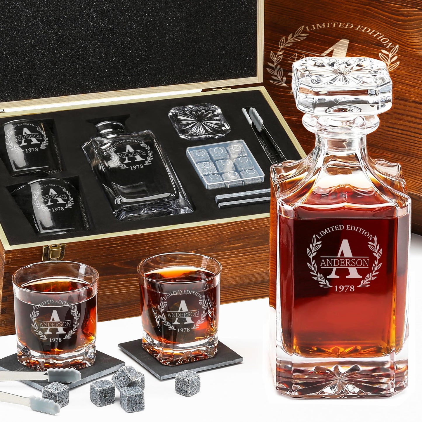 Personalized Whiskey Decanter and Stones Set - Customized Gift for Him - Men, Dad, Father - Engraved Classic Decanter, Glasses, 9 Granite Stones in Container, Coasters, Tongs in Wooden Gift Box