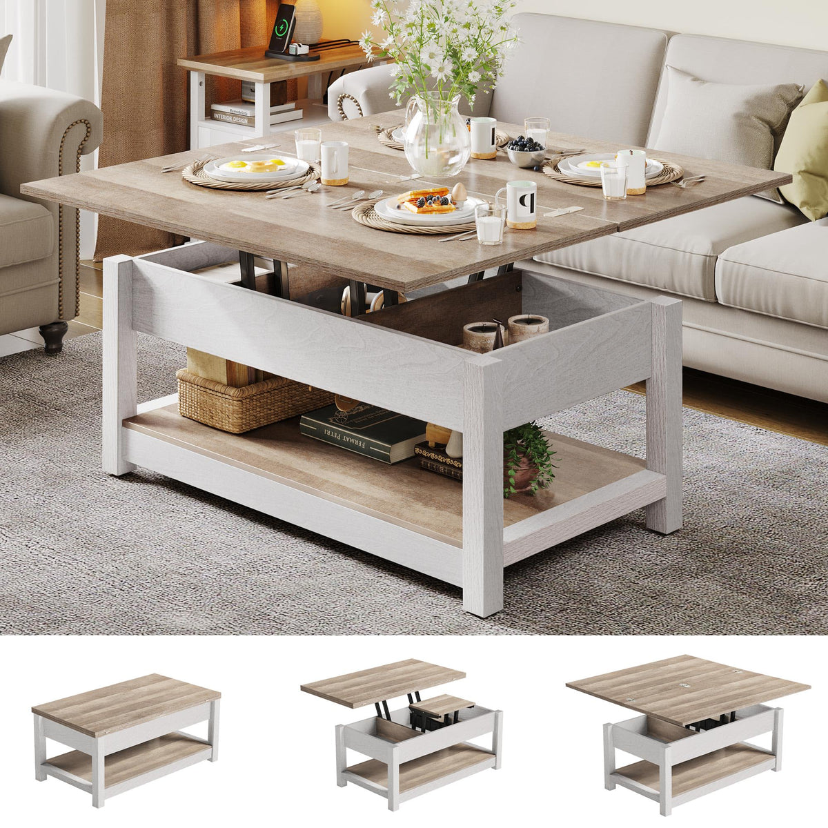 YITAHOME Lift Top Coffee Table for Living Room, 3 in 1 Multi-Function Coffee Tables with Storage, Farmhouse Rectangle Coffee Table Dining Table for Reception Room/Home Office, Grey Wash