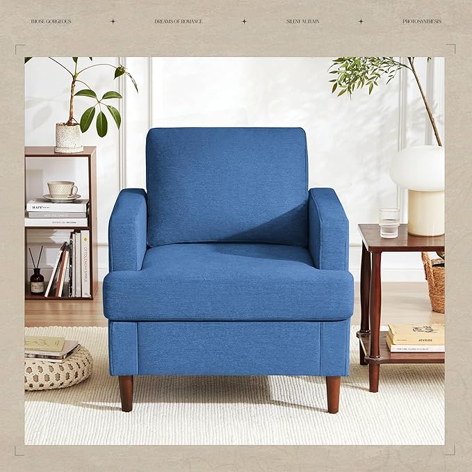 Weture Mid-Century Accent Chair,Modern Linen Fabric Armchair for Living Room,Comfy Upholstered Reading Accent Chairs for Bedroom,Single Sofa Chair with Wood Legs (Blue, 2 Pack)
