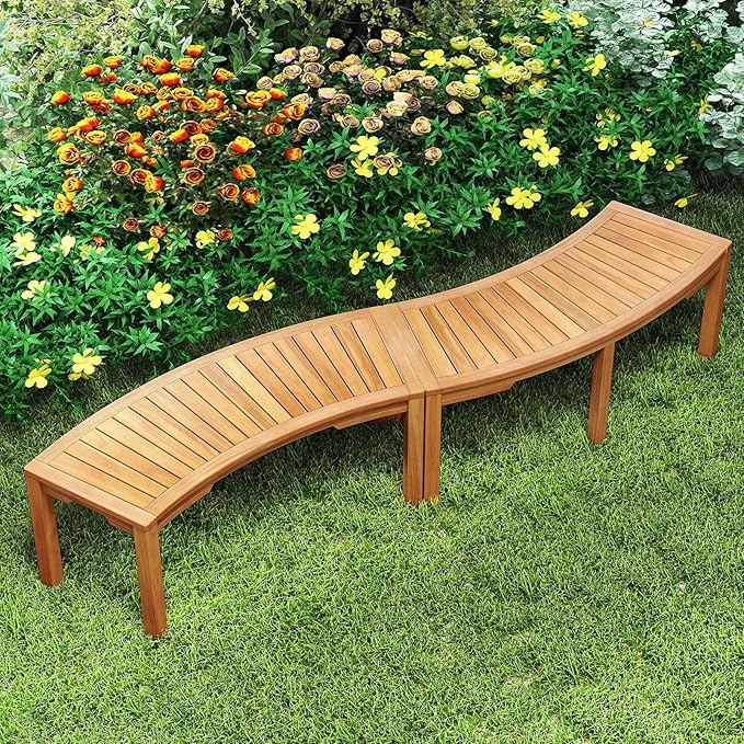 Tangkula Outdoor Curved Bench, Acacia Wood Fire Pit Bench w/Slatted Seat, Patio Backless 2-Person Seating for Porch, Yard, Garden, 800 LBS Max Load, Oil Painted (2, 45")