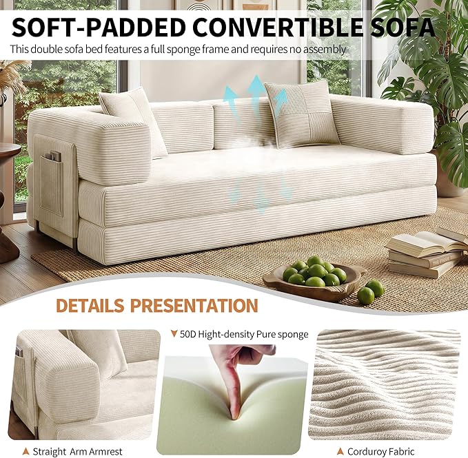 Fancyfire 78.8" Convertible Sofa Bed with Armrest Pillow,4-in-1 Sleeper Couch Bed for Livingroom,Modular Corduroy Boneless couches,No Assembly (Beige)