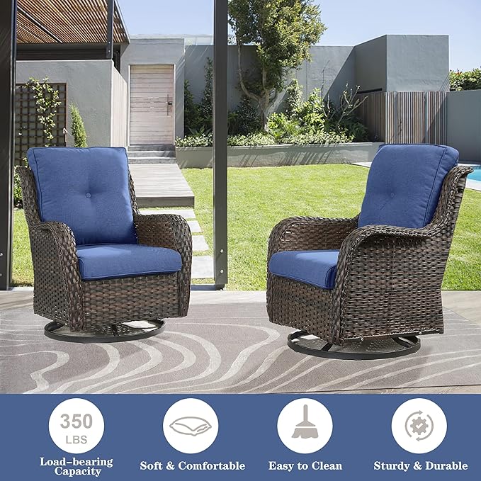 Belord Outdoor Wicker Furniture Patio Set - 7 Piece Backyard Furniture Brown Rattan Conversation Sets with Swivel Rocker Chairs, Rattan Sofa, Club Chairs and Coffee Table, Blue Cushion