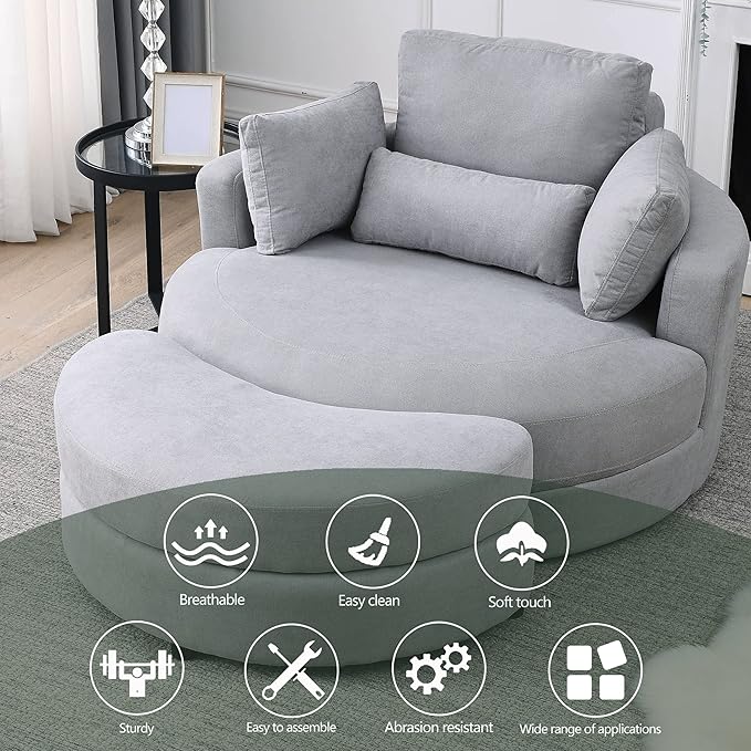 Yoglad Modern Swivel Accent Round Chair, Barrel Sofa with Storage Ottoman, Oversize Lounge Chair, Linen Fabric Round Chair with Pillows, for Living Room, Office (Light Grey, 51")