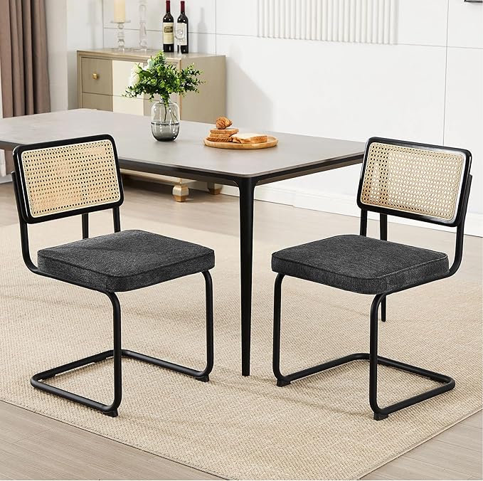 Zesthouse Natural Rattan Dining Chairs Set of 2, Mid Century Modern Dining Chairs with Solid Wood Back & Black Matte Base for Kitchen, Breuer Design Inspired, Upholstered Linen Fabric, Dark Grey