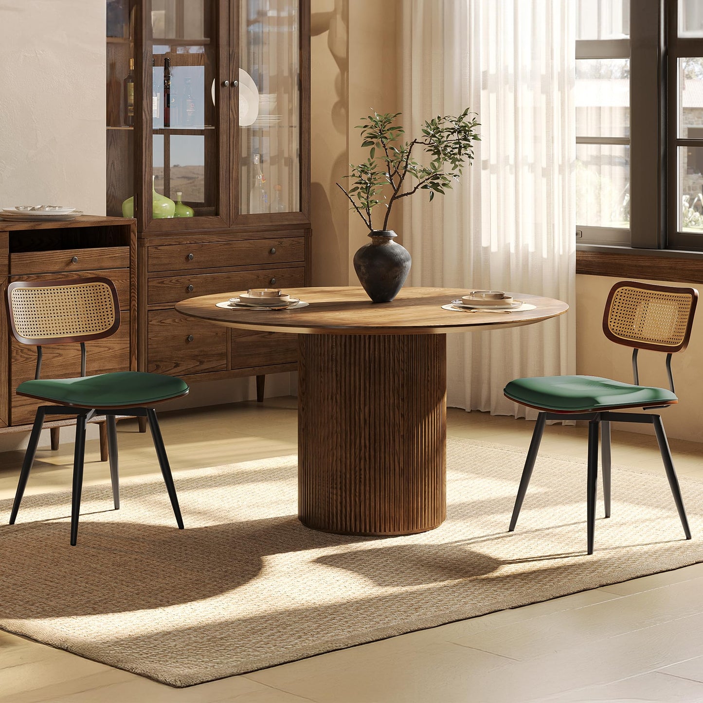 Dining Chairs, Swivel Dining Chairs Set of 2, Faux Leather & Rattan Walnut Dining Room Chairs, Bentwood & Metal Frame Upholstered Chairs with 360°Rotation, Modern Kitchen/Living Room Chairs (Green)