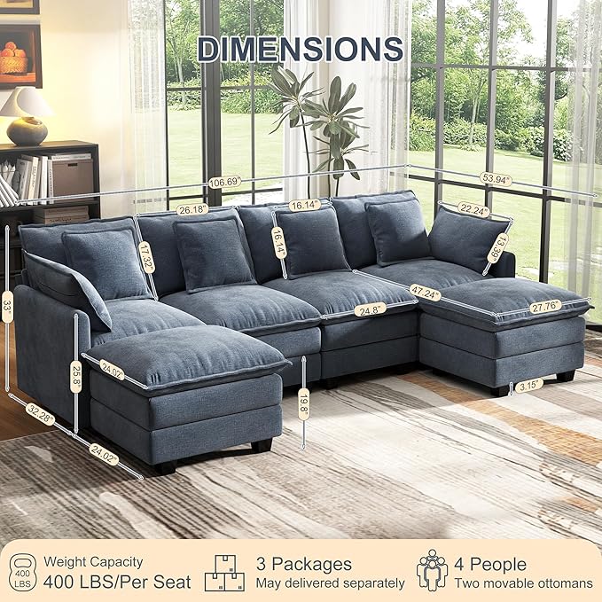 107" Cloud Couch Sectional, U Shaped Modular Sectional Sofa, 4-Seat Deep Seat Couch with 6 Removable Washable Pillows and 2 Ottoman for Living Room, Bedroom, Apartment, Blue