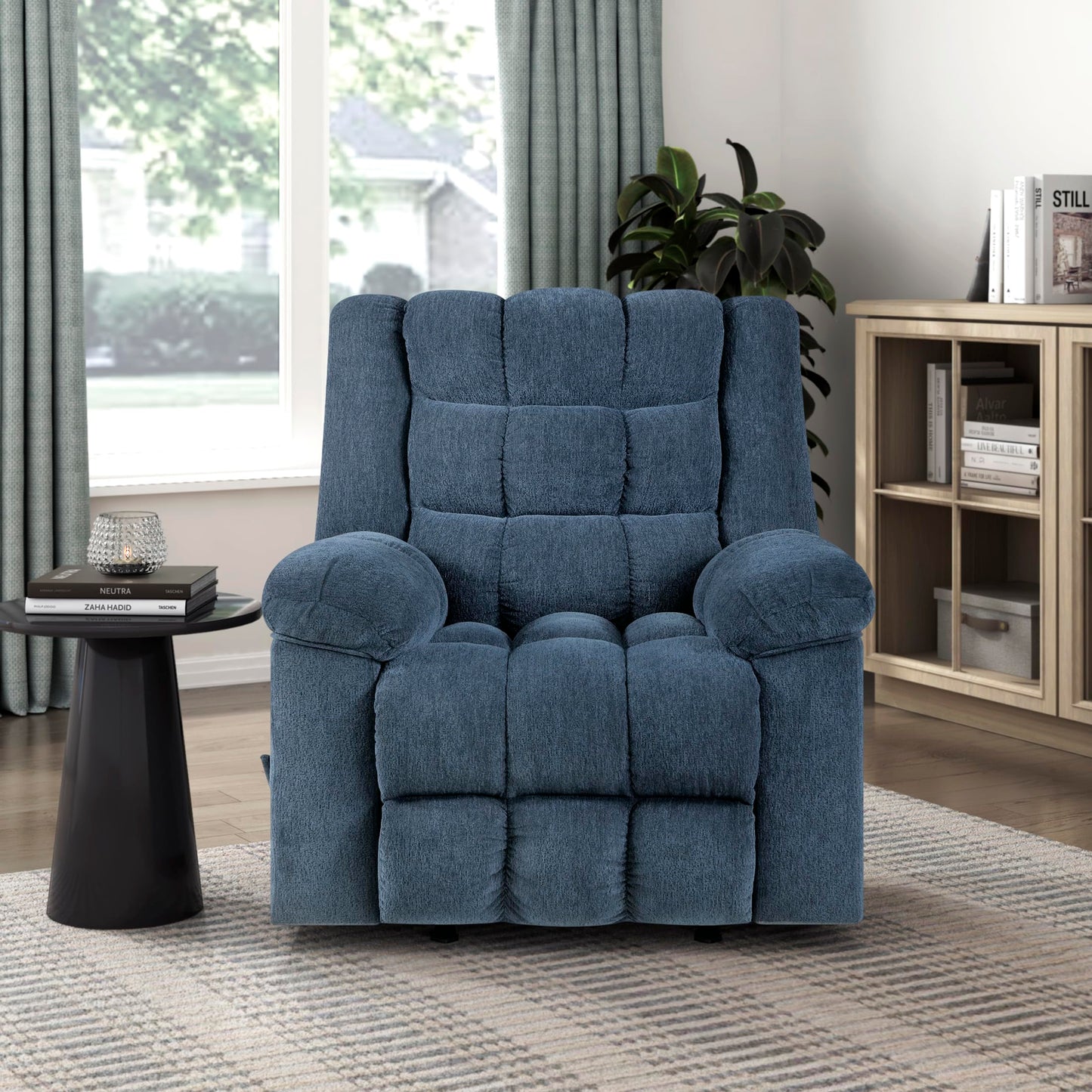 Lexicon Chenille Rocker Reclining Chair for Adults, Rocker Pull Handle Recliner, Nursery Chair for Living Room/Bedroom, High Back, Pillow Top Arms, High Density Foam Cushions, Blue