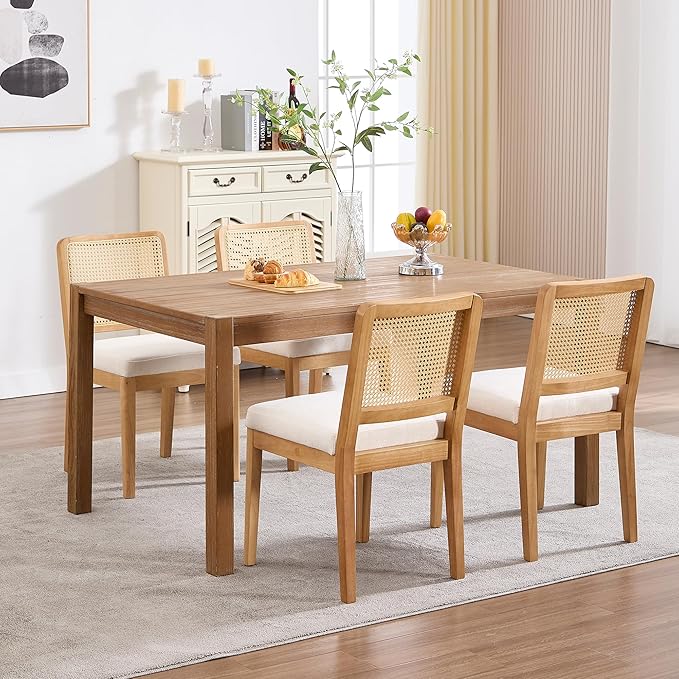 Wahson Mid Century Modern Dining Chairs Set of 2, French Country Modern Style, Rectangle Cane Upholstered Kitchen Chairs with Natural Wooden Legs, White Chenille