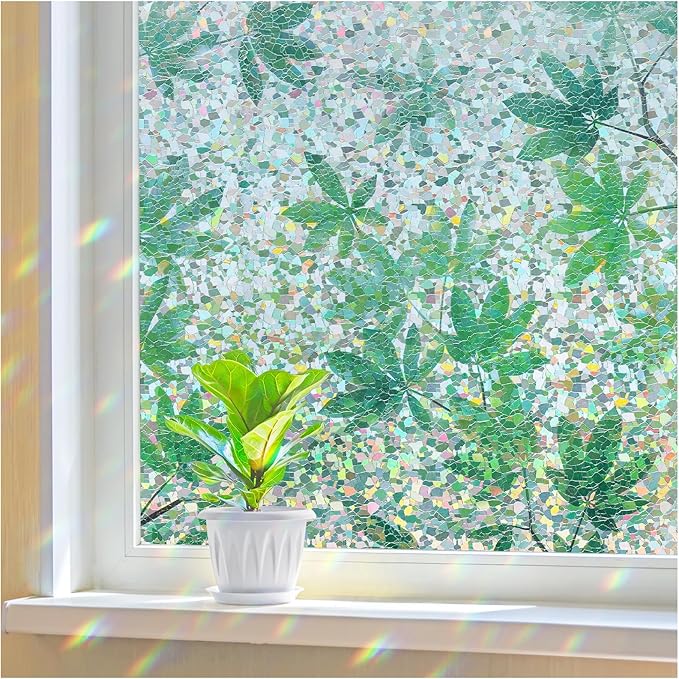 Haton Window Privacy Film, Rainbow Decorative Film, Stained Glass Window Clings, Static Cling UV Blocking Heat Control Tint Sticker for Home Door, Leaf Rainbow, 23.6" x 157.4" Non-Adhesive