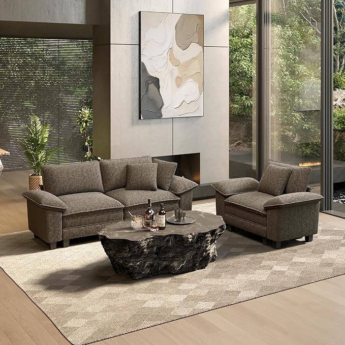 HERA'S HOUSE 2 Pieces Modular Sectional Sofa Sets, Oversized Couch Set with Loveseat and Armchair, Comfy Cloud Couches with Throw Pillows, 3-Seater Deep Seat Sofa for Living Room, Chenille Ash