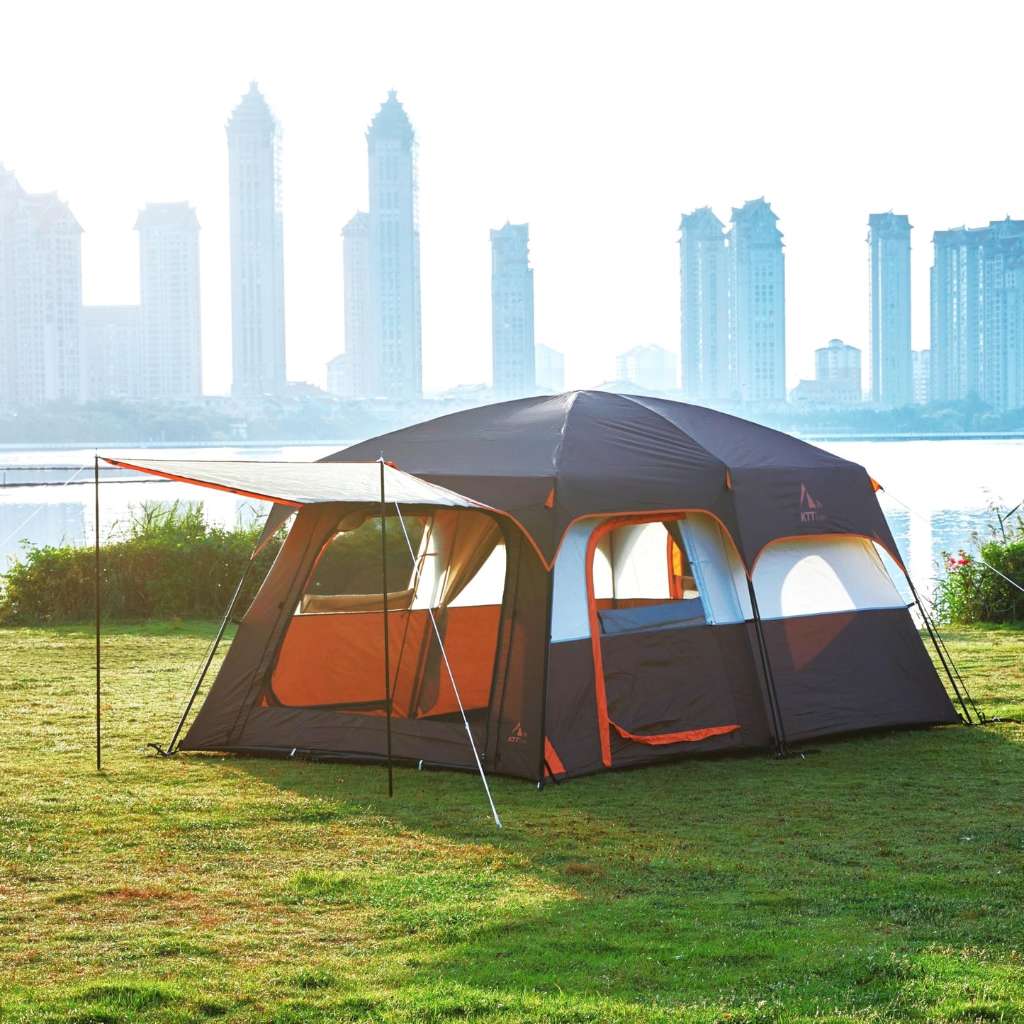 KTT Extra Large Tent 10 Person,Family Cabin Tents,2 Rooms,3 Doors and 3 Windows with Mesh,Straight Wall,Waterproof,Double Layer,Big Tent for Outdoor,Picnic,Camping,Family Gathering(Brown)