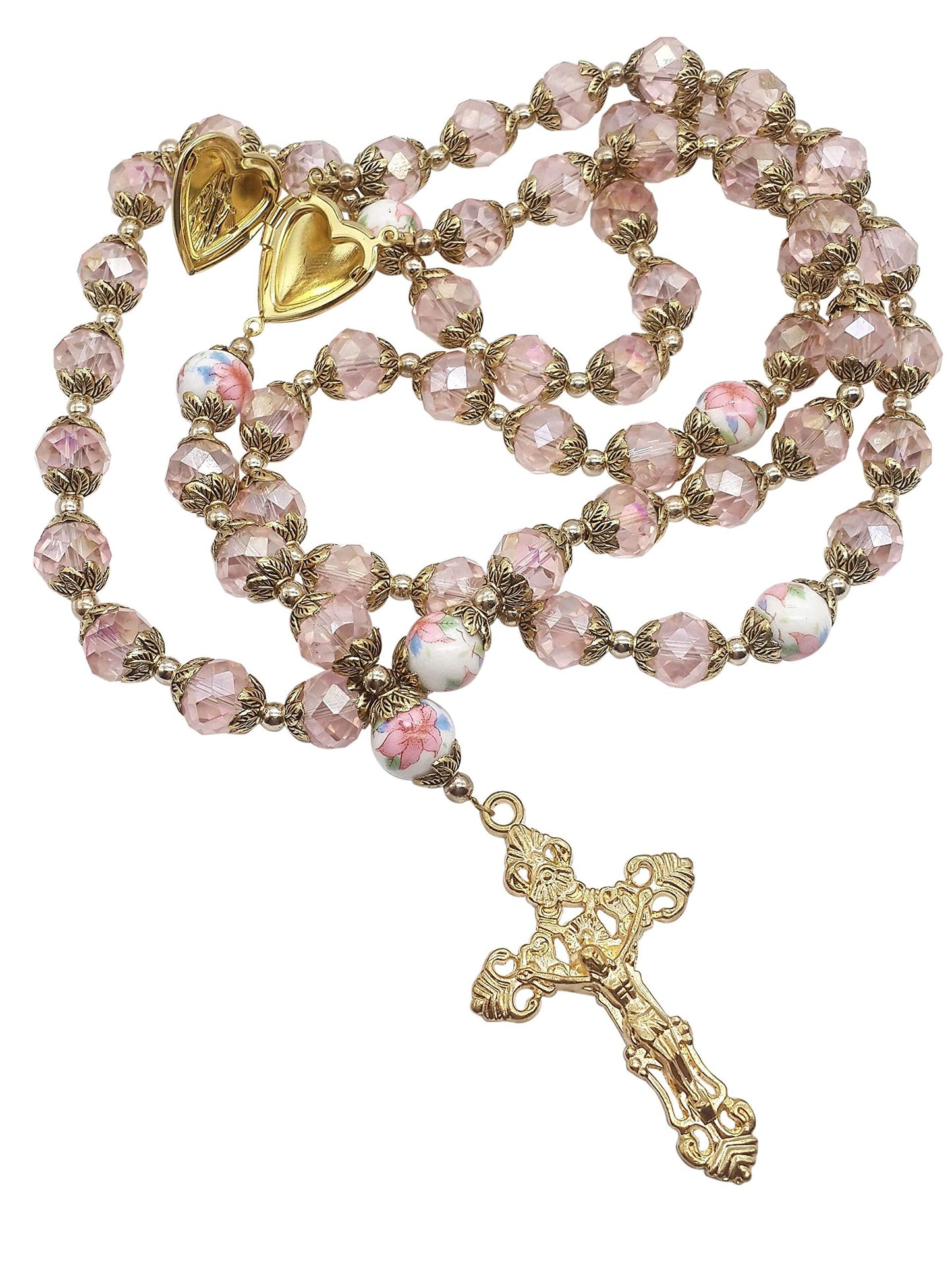 Nazareth Store Catholic Pink Crystal Beads Gold Rosary Flowers Beaded Necklace Holy Mary Heart Locket Medal & Cross Religious Am