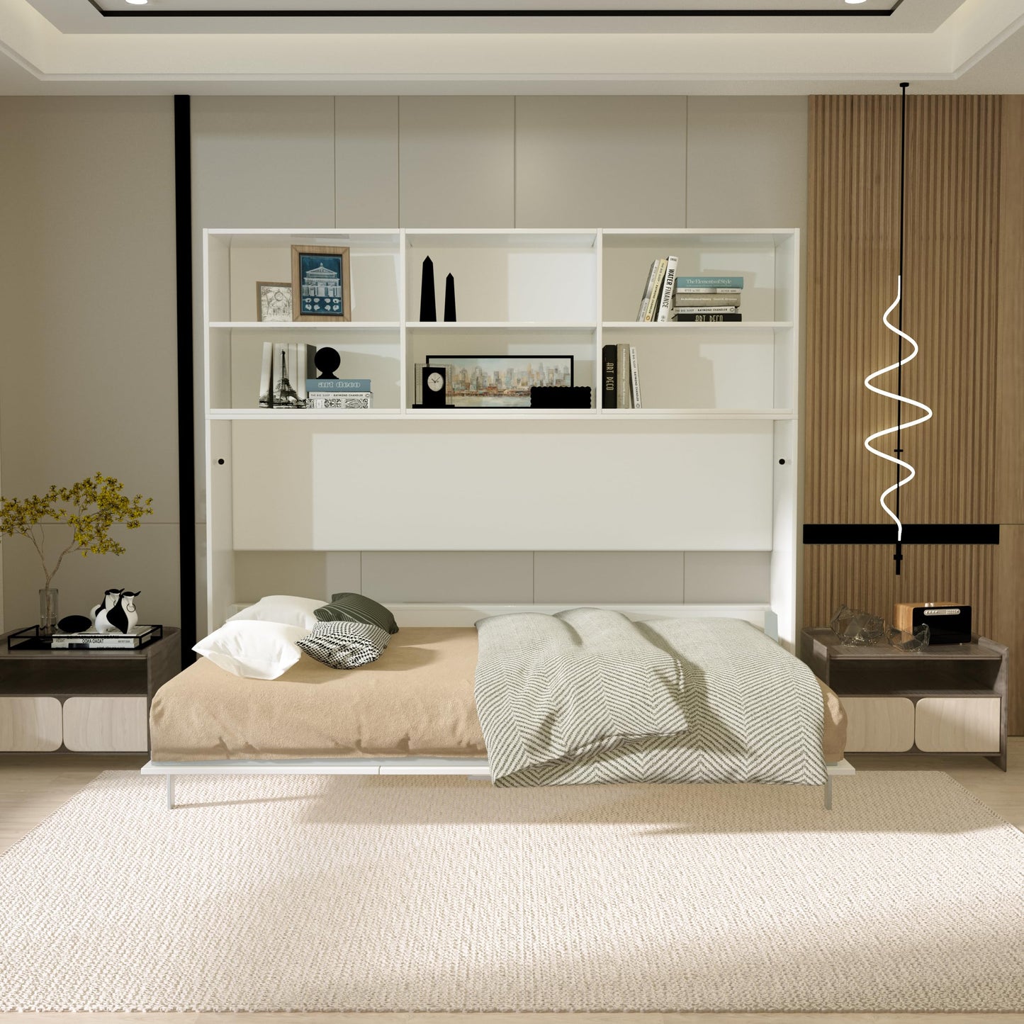 Ball & Cast Horizontal Murphy Bed Twin Size with Shelf Storage,Mordern Design Hideaway Cabinet Wall Bed w Gas Struts,Wood Folding Space-Saving Furniture for Bedroom,Student Dorms,White
