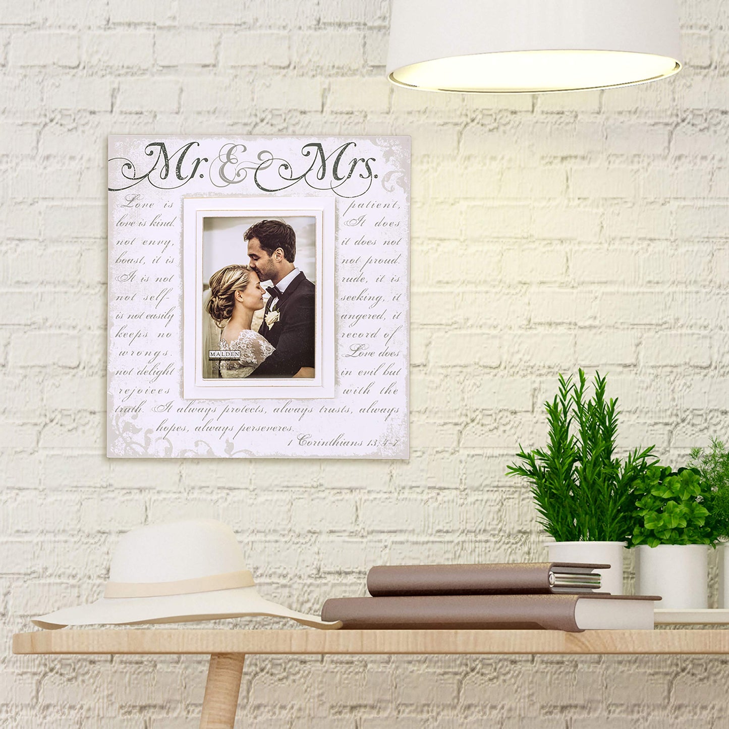 Malden International Designs Silkscreened Corinthians Verse Mr & Mrs Wood Picture Frame, 5x7, Off White