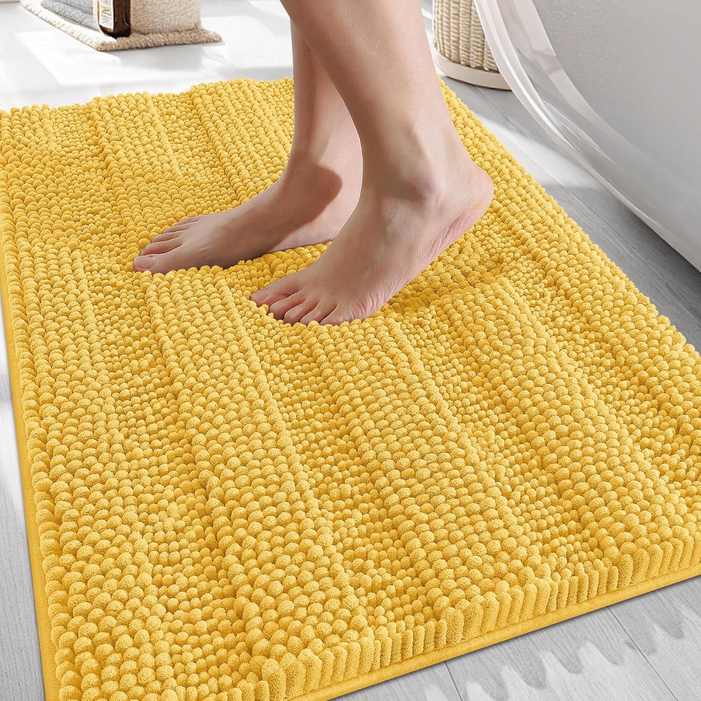 OLANLY Thick Bathroom Rugs 30x20, Extra Soft Absorbent Chenille Striped Bath Rugs, Rubber Backing, Machine Wash Dry, Bath Mats for Bathroom Floor, Tub and Shower, Home Decor Accessories, Yellow